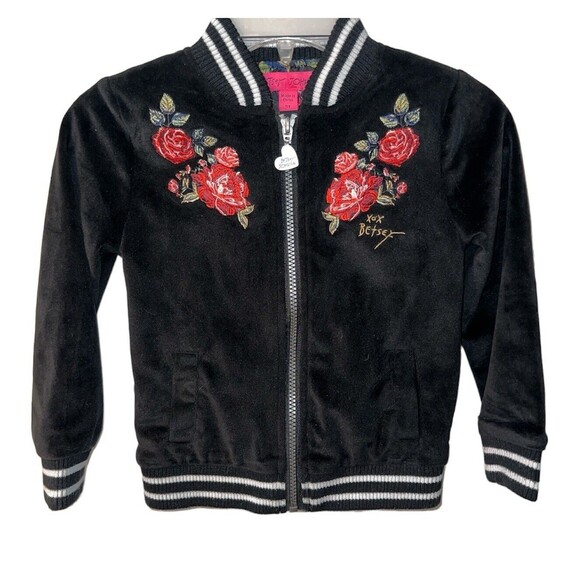Betsey Johnson Jacket Girls Sz 5T Embroidered Velour Bomber Floral Black Velvet - Picture 1 of 8